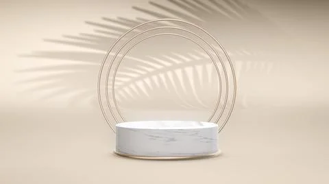 3d render Gold-framed marble podium with swinging palm shadow Illustrazione stock