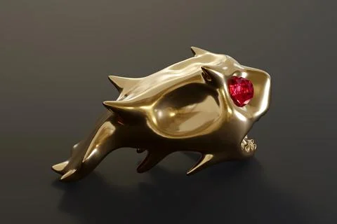 3D render of the gold monster fish statue with red diamond eyes. Illustrazione stock