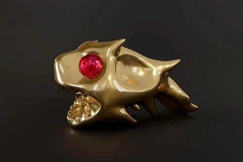 3D render of the gold monster fish statue with red diamond eyes. Illustrazione stock
