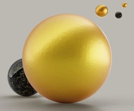 3d render gold sphere and black marble ball. Abstract geometric shapes, metal Illustrazione stock