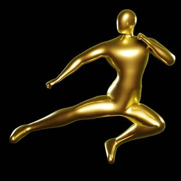 3d Render Gold Stickman - Karate Kicking Pose, performs flying kicks Stock Illustration