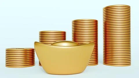 3D render of a gold sycee ingot with falling ancient Chinese coins. Stock Illustration