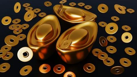 3D render of a gold sycee ingot with falling ancient Chinese coins. Stock Illustration