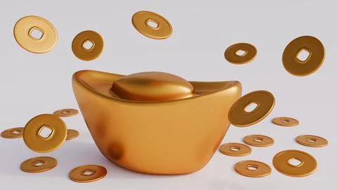 3D render of a gold sycee ingot with falling ancient Chinese coins. Illustrazione stock