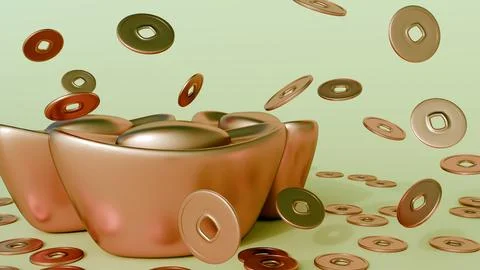 3D render of a gold sycee ingot with falling ancient Chinese coins. Illustrazione stock