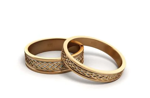 3d render Gold wedding rings engraved isolated on white Stock Illustration