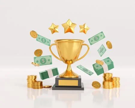3d render gold winners trophy with stars and coin. golden profit and curren.. Ilustración de archivo