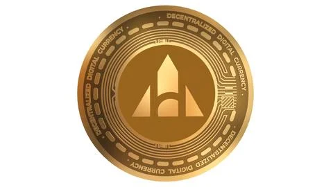3D Render Golden Alchemy Pay Ach Cryptocurrency Coin Symbol Close up Stock Illustration