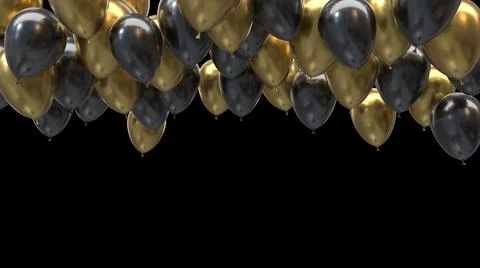 3d render golden and black balloons hitting the ceiling on a black background Stock Illustration