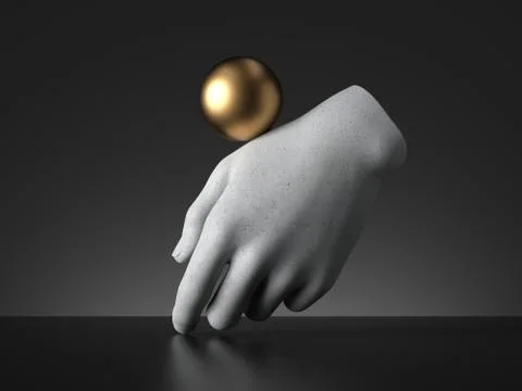 3d render, golden ball balancing on mannequin hand Stock Illustration