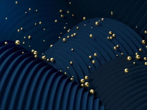 3d render of golden balls and spheres falling and rolling over blue curved Stock Illustration