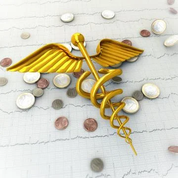 3D Render of  Golden Caduceus on Ecg - Ekg Paper with Coins Stock Illustration
