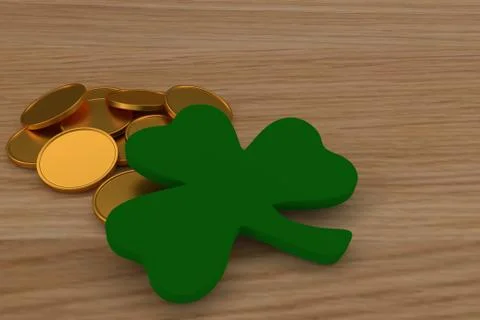 3d render of golden coins on the table wooden, close to a shamrock. Stock Photos