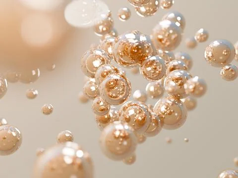 3d render of golden collagen drops, serum or vitamins for skin care and Illustrazione stock