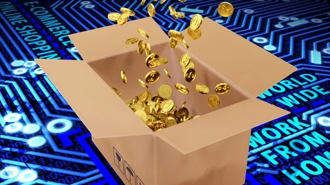 3D Render Golden Dollars Coins Fall into Package on Circuit Board and Binary BG Video stock 129254122