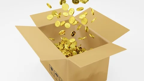 3D Render Golden Dollars Coins Falling into Brown Package on White Background Video stock 129254126