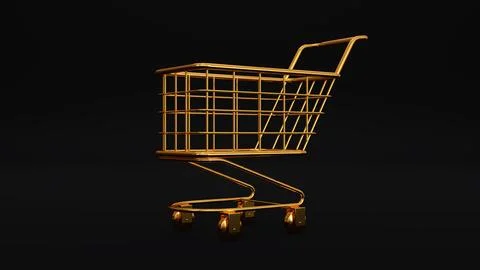 3d render golden empty shopping cart isolated on black background. Stock Illustration