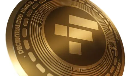 3D Render Golden FTX Token FTT Cryptocurrency Coin Symbol Close up View Stock Illustration