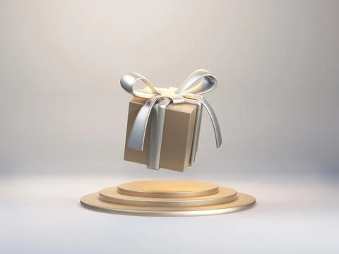 3d render of golden gift box flying in studio with stage. Christmas, birthday Stock Illustration