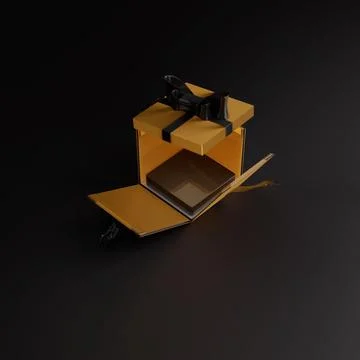 3d render of a golden gift box with a black ribbon and bow for Product stage Stock Illustration
