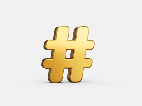 3d render of golden hashtag icon on gray background with shadow Illustrazione stock