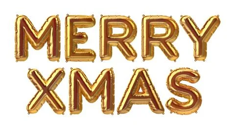 3D Render of Golden inflatable foil balloons set. Merry Xmas letters for web or Illustrazione stock