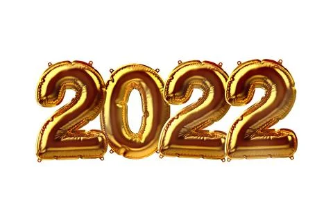3D Render of Golden inflatable foil balloons. Party 2022 decoration figures Illustrazione stock