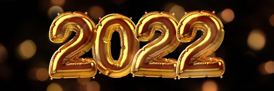 3D Render of golden inflatable foil balloons set with bokeh lights. Banner for Stock Illustration