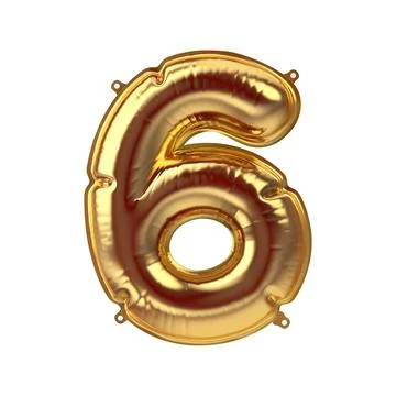 3D Render of Golden inflatable foil balloon figure six. Party decoration element Illustrazione stock