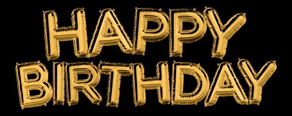 3D Render of Golden inflatable foil balloons set. Happy Birthday letters for web Stock Illustration