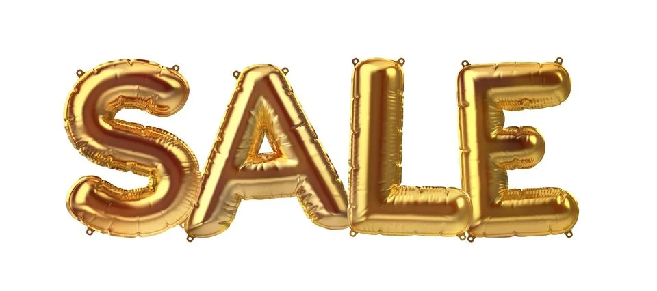 3D Render of golden inflatable foil balloon letters sale. Party decoration Stock Illustration