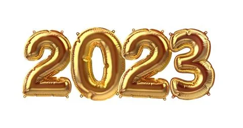 3D Render of Golden inflatable foil balloons. Party 2022 2023 decoration figures Illustrazione stock