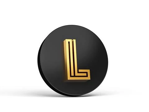 3D render of a golden L character on a black circle isolated on a white backgrou Stock Illustration