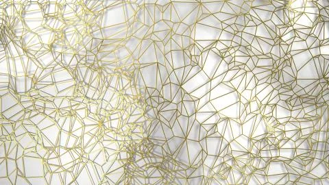 3d render, golden modern wall made by golden wire, random clusters triangle Illustrazione stock