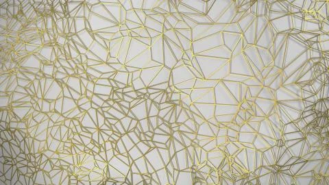 3d render, golden modern wall made by golden wire, random clusters triangle Illustrazione stock