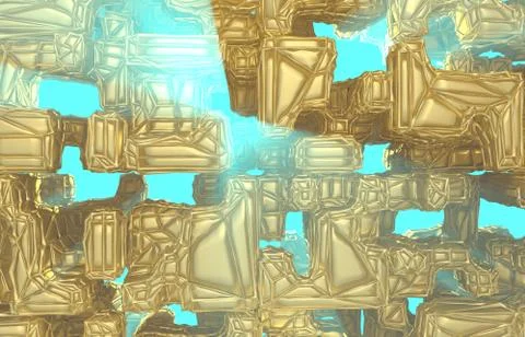 3d render, golden modern wired cube wall texture, random clusters digital Stock Illustration