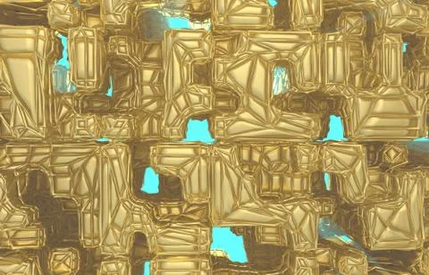 3d render, golden modern wired cube wall texture, random clusters digital Stock Illustration