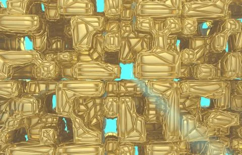 3d render, golden modern wired cube wall texture, random clusters digital Stock Illustration