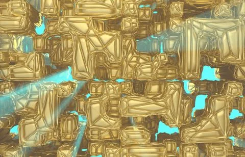 3d render, golden modern wired cube wall texture, random clusters digital Stock Illustration