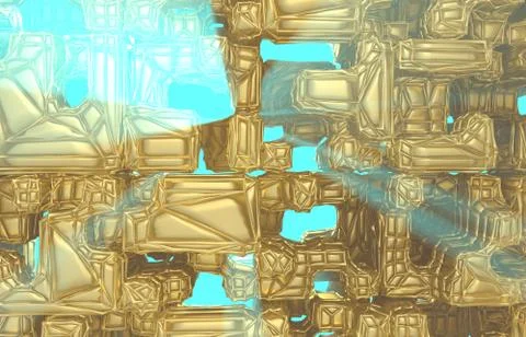 3d render, golden modern wired cube wall texture, random clusters digital Stock Illustration