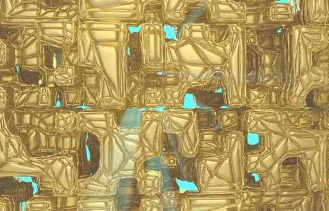3d render, golden modern wired cube wall texture, random clusters digital Stock Illustration