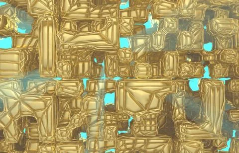 3d render, golden modern wired cube wall texture, random clusters digital Stock Illustration