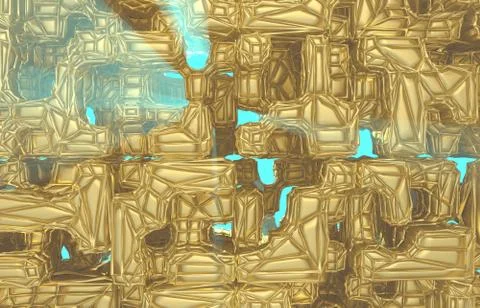 3d render, golden modern wired cube wall texture, random clusters digital Stock Illustration