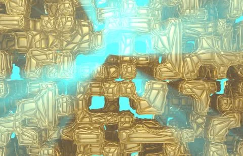 3d render, golden modern wired cube wall texture, random clusters digital Stock Illustration
