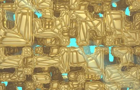 3d render, golden modern wired cube wall texture, random clusters digital Stock Illustration