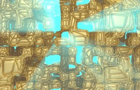 3d render, golden modern wired cube wall texture, random clusters digital Stock Illustration