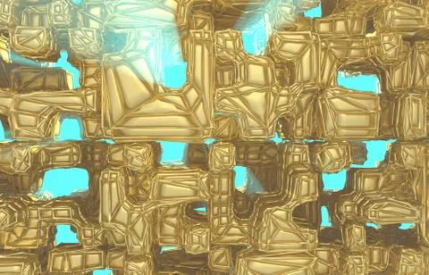 3d render, golden modern wired cube wall texture, random clusters digital Stock Illustration