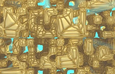 3d render, golden modern wired cube wall texture, random clusters digital Stock Illustration