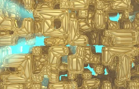 3d render, golden modern wired cube wall texture, random clusters digital Stock Illustration