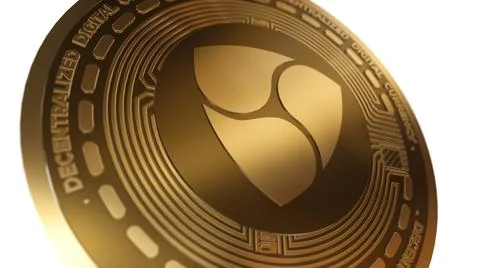 3D Render Golden Nem XEM Cryptocurrency Close up View Illustrazione stock